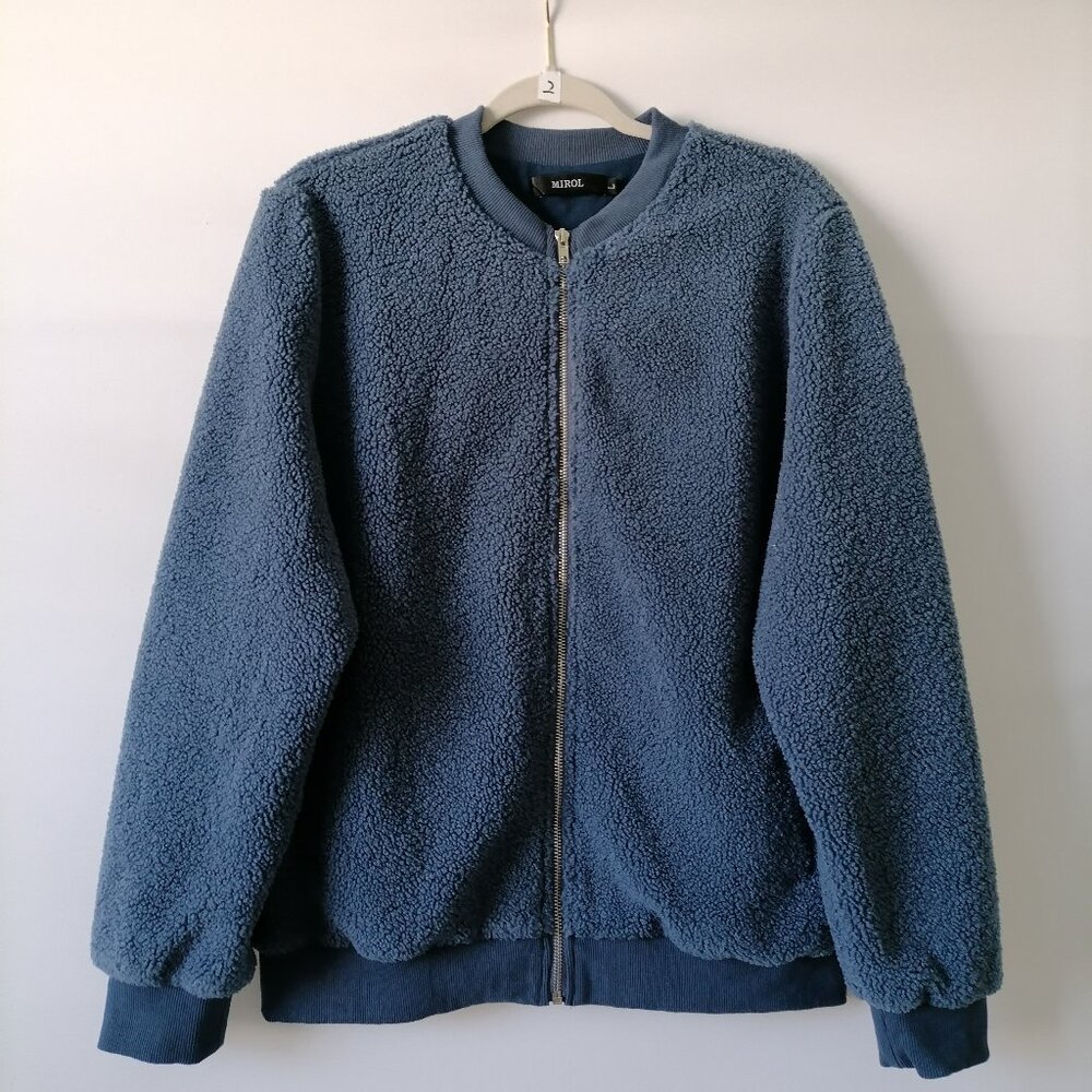 MIROL Women's Blue Faux Fuzzy Long Sleeve Sherpa Fleece Bomber Jacket Size L